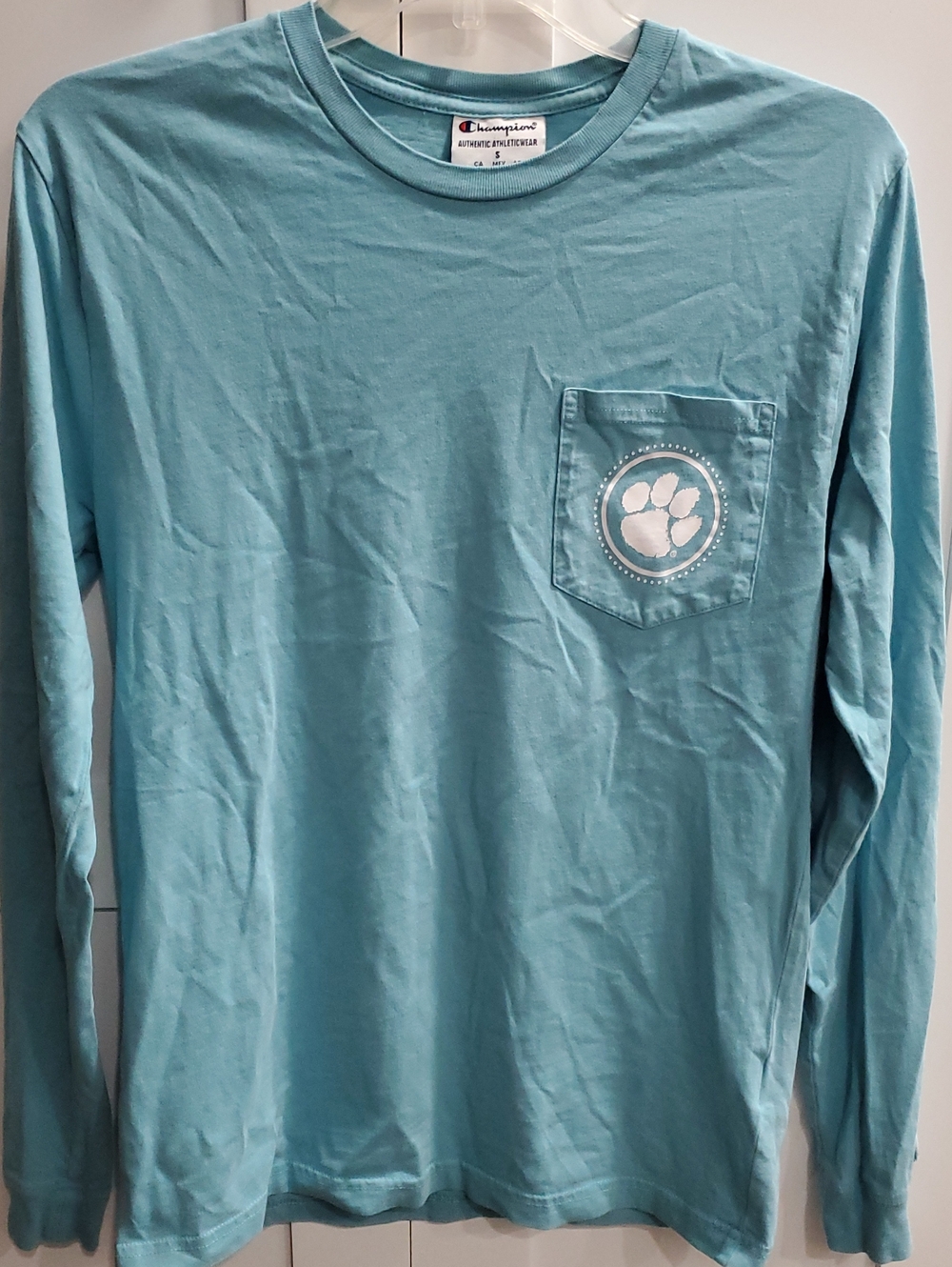 Champion Women’s Long Sleeve Pocket Tee in Teal with White Paw Graphic